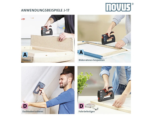 Anwendungsbeispiele für den Novus J-17 Handtacker: Polstern, Bilderrahmen bespannen, Dachboden isolieren und Folie befestigen.
