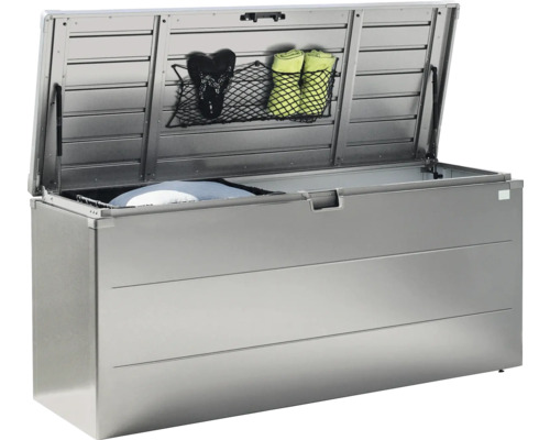 Coffre de rangement extérieur en métal ouvert avec accessoires