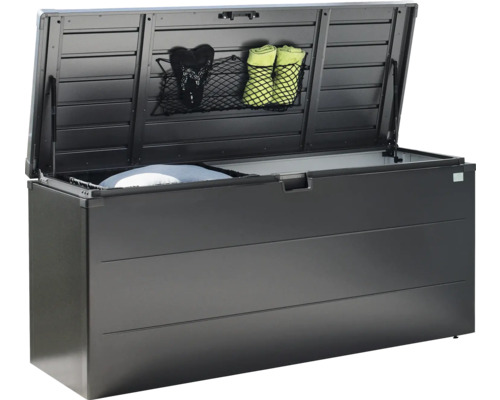 Coffre de rangement rectangulaire d''extérieur ouvert avec espace de rangement