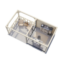 Vue de dessus d''une maison de jardin avec terrasse et bureau avec portes coulissantes et mobilier de bureau