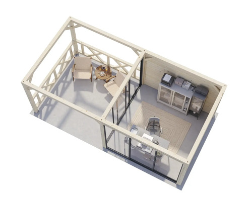 Vue de dessus d''une maison de jardin avec terrasse et bureau avec portes coulissantes et mobilier de bureau