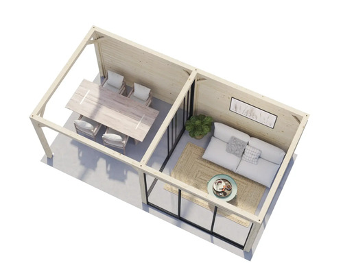 Vue de dessus d''un pavillon de jardin avec coin repas et coin salon