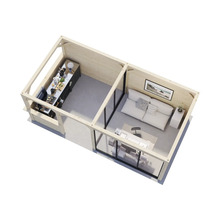 Vue intérieure d''une maison en bois avec cuisine et salon