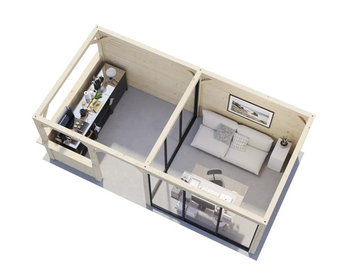 Vue intérieure d''une maison en bois avec cuisine et salon