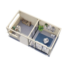 Illustration d''un abri de jardin avec coin barbecue et salon