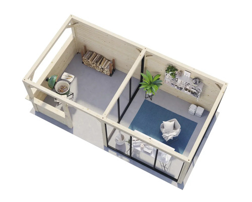 Illustration d''un abri de jardin avec coin barbecue et salon