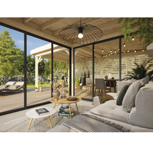 Espace de vie avec coin salon, table et vue sur le jardin avec abri de jardin