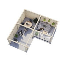 Pavillon en forme de L avec coin salon, table à manger et paniers suspendus