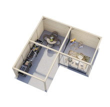 Vue intérieure d''un pavillon de jardin avec cuisine, coin repas et bureau.