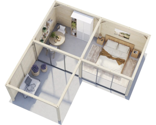 Vue intérieure d''une maison de jardin en bois avec coin chambre, salon et coin repas