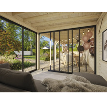 Intérieur lumineux d''une cabane de jardin avec portes coulissantes en verre et vue sur le jardin