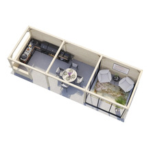 Vue de dessus d''un pavillon de jardin en bois avec cuisine, coin repas et coin salon