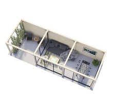 Vue de dessus d''une maison de jardin moderne avec terrasse, salon et salle de jeux