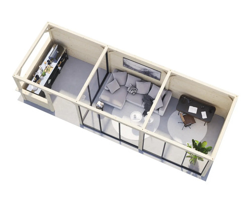 Vue de dessus d''une maison de jardin moderne avec cuisine, salon et bureau