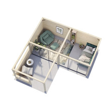 Vue de dessus d''une maison en bois avec espace de vie, chambre et terrasse