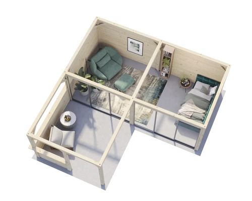 Vue de dessus d''une maison en bois avec espace de vie, chambre et terrasse