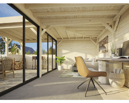 Pavillon de jardin lumineux avec bardage en bois, grandes portes coulissantes en verre et mobilier de bureau