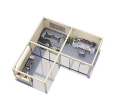 Illustration d''un abri de jardin avec coin salon, espace barbecue et bureau