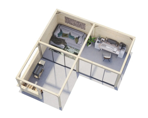 Illustration d''un abri de jardin avec coin salon, espace barbecue et bureau