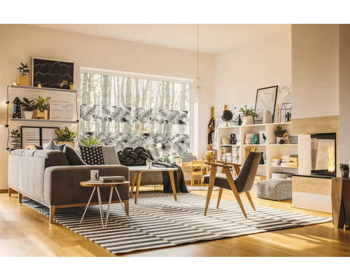 Wohnzimmer mit Sofa, Regalen, Fenster und gestreiftem Teppich