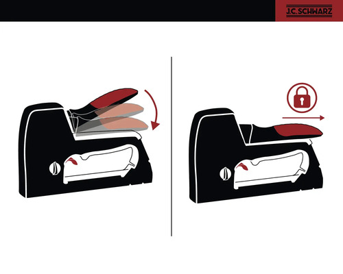 Abbildung einer Tacker-Sicherheitsfunktion. Das Schlosssymbol zeigt eine verriegelte Position an.