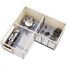 Vue intérieure d''une maison de jardin avec cuisine, coin repas et salle de musique