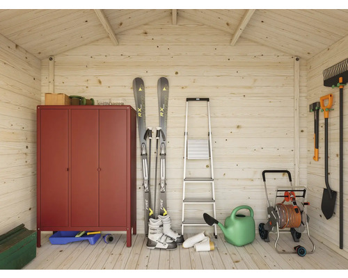 Innenansicht eines Gartenhauses mit Metallschrank, Leiter, Gartengeräten und Skiausrüstung