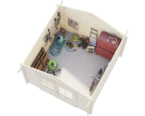 Innenansicht eines Gerätehauses mit Gartengeräten und Möbeln