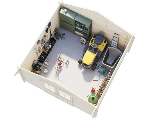 Intérieur d''une cabane de jardin en bois avec tracteur de pelouse, brouette, outils de jardin et étagères