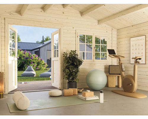 Abri de jardin en bois avec équipements sportifs et accessoires de yoga pour le fitness