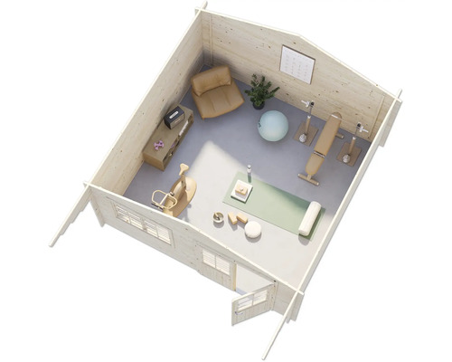 Intérieur d''une maison en bois utilisée comme salle de sport avec des équipements d''entraînement, des sièges et des étagères