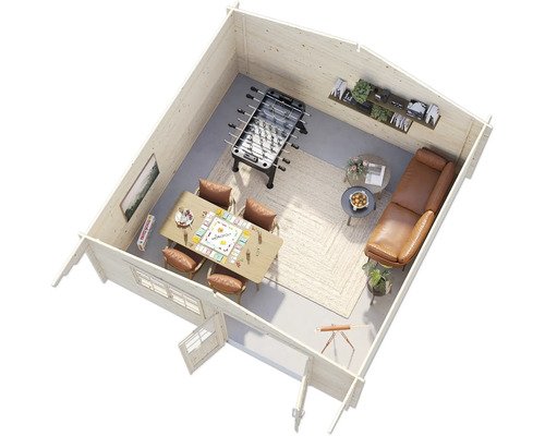 Vue intérieure d''une maison en bois avec baby-foot, table avec chaises et canapé