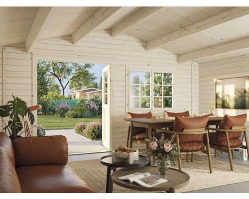 Vue intérieure d''une maison en bois avec des meubles et vue sur le jardin