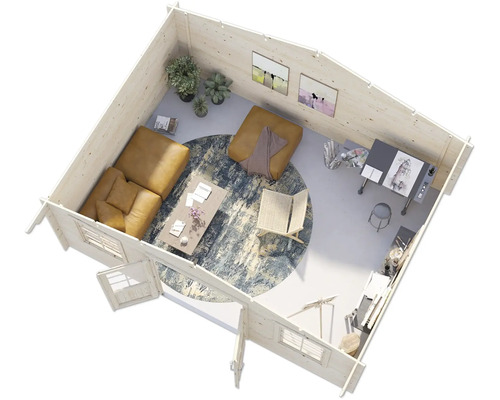 Vue de dessus d''une cabane de jardin lumineuse avec coin salon et espace de travail