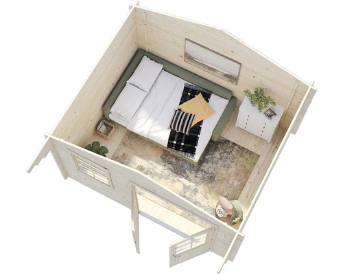 Innenraum eines Holzhauses mit Bett, Nachttisch und Dekoration