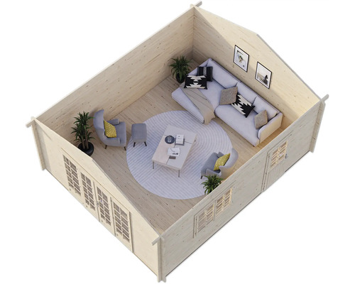 Vue intérieure d''une maison de jardin en bois avec meubles et décoration