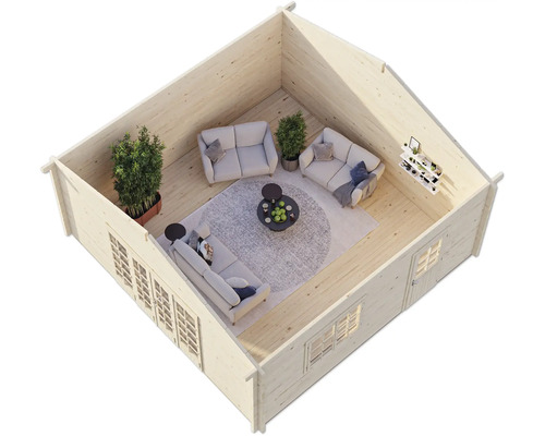 Vue d''un abri de jardin avec fenêtres, portes, meubles et plantes