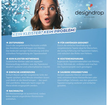 DesignDrop Logo. Frau mit Überraschung im Gesicht. Informationen zur Verarbeitung von Tapeten ohne Kleister.
