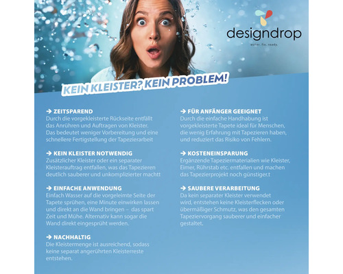 DesignDrop Logo. Frau mit Überraschung im Gesicht. Informationen zur Verarbeitung von Tapeten ohne Kleister.