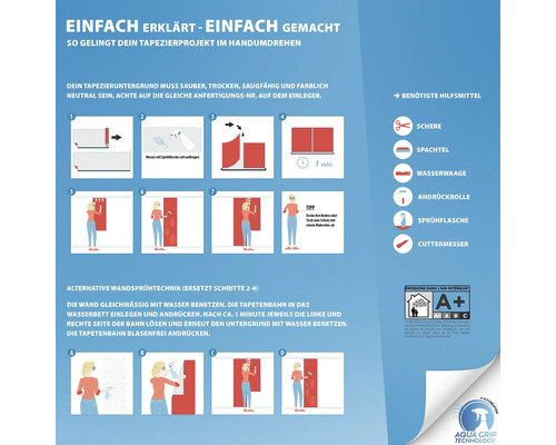 Anleitung zum Tapezieren mit Werkzeugliste und Siegel für Emissionen in die Raumluft