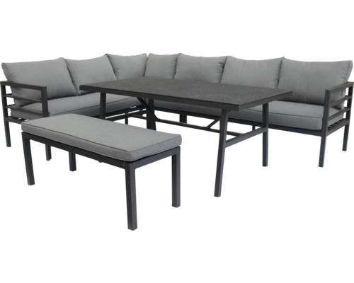 Ensemble de salon gris avec canapé d''angle, banc et table pour l''extérieur