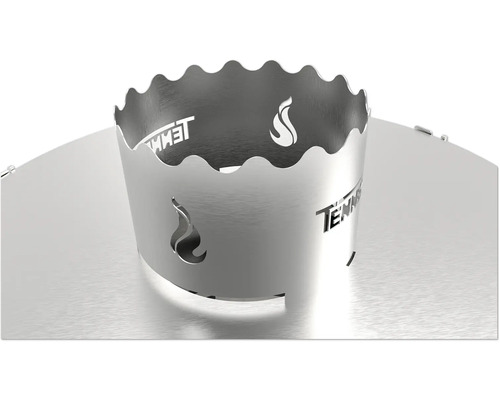 Brasero en métal avec motifs de flammes découpés et logo de l''entreprise