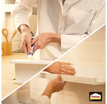 Auftragen von Pattex Klebstoff auf ein weisses Regalbrett