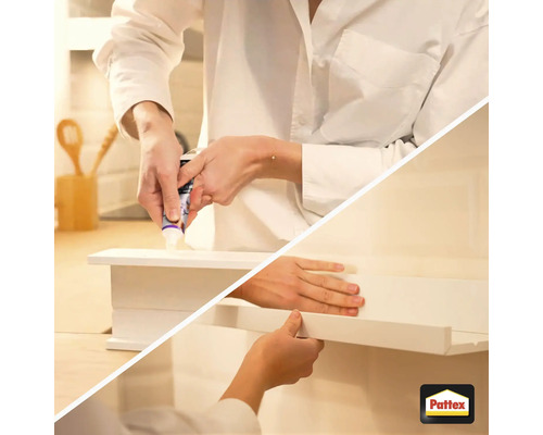Auftragen von Pattex Klebstoff auf ein weisses Regalbrett