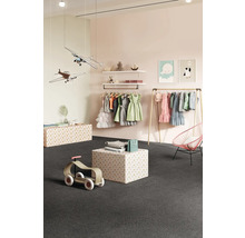 Chambre d''enfant avec portant à vêtements, étagères et jouets sur moquette foncée