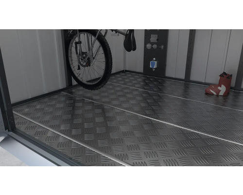 Intérieur d''un coffre de rangement avec plancher en aluminium, vélo et botte