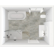 Ansicht von oben eines Badezimmers mit Badewanne, Duschkabine, Toilette und Waschbecken