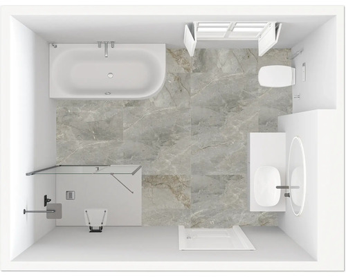 Ansicht von oben eines Badezimmers mit Badewanne, Duschkabine, Toilette und Waschbecken