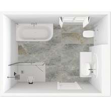 Vogelperspektive eines Badezimmers mit Badewanne, Dusche, Toilette und Waschbecken