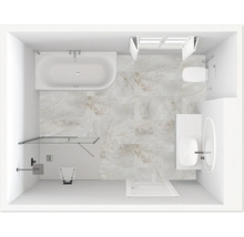 Aufsicht eines hellen Badezimmers mit Badewanne, Dusche, Waschtisch und Toilette